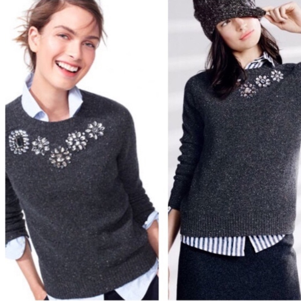 J.Crew Jeweled Neck Lambswool Sweater Small Gray Holiday Winter Knit